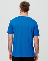A men's short-sleeve t-shirt in a vibrant blue colour, featuring a logo on the back.