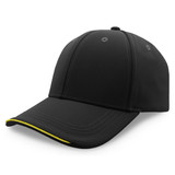 A black cap with a curved brim and yellow detailing, featuring a logo.