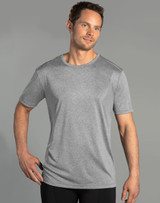 A grey short sleeve tee for men, featuring a subtle logo and a sleek, lightweight design.