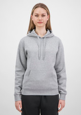 A grey women's hoodie featuring a front pocket and a drawstring hood, displayed on a model.