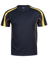A black and yellow men's short-sleeve t-shirt with contrasting side panels and a logo.