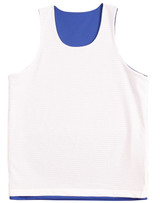 A white basketball singlet with a blue interior and a logo on the front.