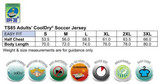 A table displaying size measurements for the Adults’ CoolDry® Soccer Jersey in varying dimensions, featuring icons for fabric properties.