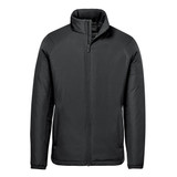 A black thermal jacket with a zip front and a stand-up collar, featuring a logo on the chest.