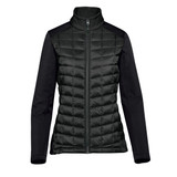 A women's softshell jacket in black, featuring a quilted front and smooth sleeves. It has a zip closure and a high collar.