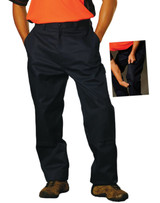 Men's cotton drill cargo pants in navy, featuring knee pads, side pockets, and a logo.