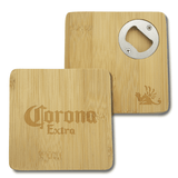 A square bamboo coaster featuring a bottle opener and a logo, with a natural wood finish.
