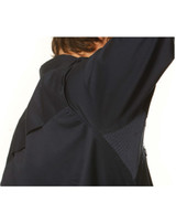A dark navy long sleeve cotton work shirt featuring mesh detailing on the shoulders, with a logo present.