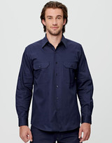 A navy blue cotton drill work shirt featuring two front pockets and a button-up design. It has a logo on the shirt.