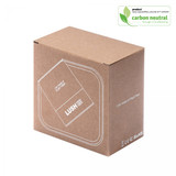 A brown cardboard box with a rounded design and a logo, featuring minimalistic white line graphics.