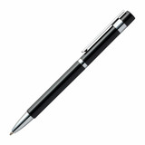 A black pen with silver accents and a clip, featuring a sleek design and shiny finish.