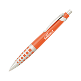 An orange metal pen with a silver clip and a logo on the side, featuring a patterned grip.