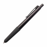 A black 2 in 1 stylus pen with a comfortable grip and a clip for easy attachment. It includes a branding logo.
