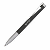 A metal pen featuring a black barrel and silver accents, with a clip and branding on the side.