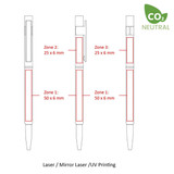 A diagram of metal Hex Pens with zones for printing, featuring a clip and various dimensions noted in red.