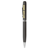 A metal twist pen in black with a silver clip and branding on the barrel.