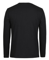 A black long-sleeve T-shirt featuring a smooth fabric texture and a simple design, with a logo on the back.