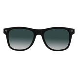 Black sunglasses with gradient grey lenses and a logo on the arm.