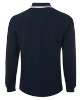 A navy long-sleeve polo shirt featuring contrasting white stripes and a logo on the front.