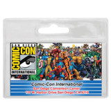 A transparent badge holder with a multi-coloured design featuring various superheroes and a logo at the top.