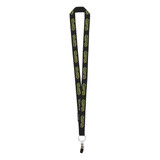 A black lanyard featuring yellow branding, designed with a secure clip for attachments.