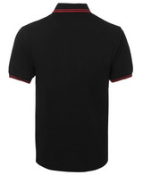 A black polo shirt with contrasting red stripes on the collar and sleeve cuffs. It features a logo.
