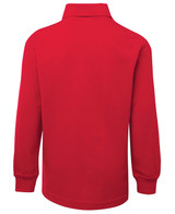 A red long-sleeve polo shirt with a collar, featuring a logo on the back.
