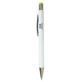 A stylus pen featuring a white barrel with a green top and silver trim, including a logo.
