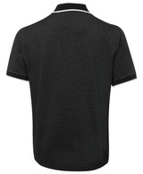 A black polo shirt with a textured design and contrasting white collar and sleeve trims. It features a logo.