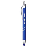 A blue metal pen with a silver clip and branding on its body. It features a touchscreen stylus tip.