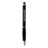 A black stylus pen with a rubber grip, featuring a branding logo on the side.