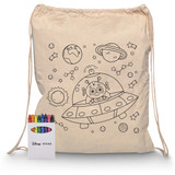 A cream drawstring bag featuring a playful space-themed design, accompanied by a crayon set in various colours.