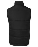 A black puffer vest with a high collar, featuring a logo, shown from the back.