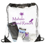 A large clear drawstring bag with black straps containing a mobile phone, sunscreen, and a fitness tracker. It has a logo.