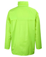 A bright lime green rain jacket featuring a high collar and a back cape design. It has a brand logo.