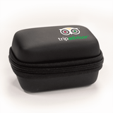 A black zippered case with a logo on the top, designed for travel accessories.
