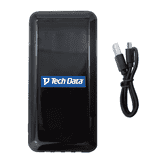 A black power bank (10,000 mAh) accompanied by a USB charging cable, featuring a logo.