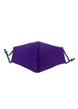 A purple cotton face mask with adjustable toggles and middle seam. Features logo branding.