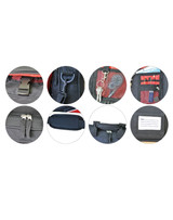 A black and red flap satchel/shoulder bag featuring various clips, zippers, and interior pockets. It includes a logo.