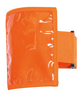 An orange plastic badge holder with a clear pocket and an adjustable strap. It has a logo on the surface.