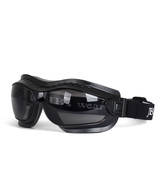 Protective goggles in black with a flexible frame and an adjustable strap, featuring a brand logo.