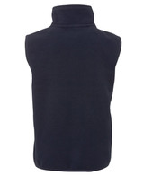 A navy polar vest for kids, featuring a high collar and a sleeveless design. The back view highlights its soft texture.