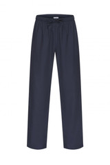 Unisex scrub pants in dark navy, featuring an elastic waistband with a drawstring and a logo.