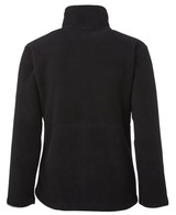 A black jacket with a high collar and long sleeves, featuring a simple design and a logo.