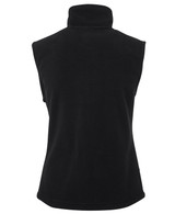 A black polar vest with a high collar, featuring a smooth, soft texture. The back view showcases its sleeveless design.