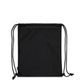 A black drawstring bag with two cords, featuring a logo on the front. Made from recycled materials.