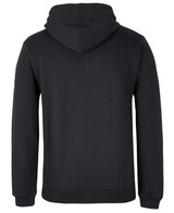 A black hoodie with a hood and long sleeves, featuring a branding logo. The back is smooth and simple in design.