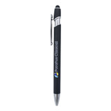 A black metal pen with a silver clip, featuring a branding logo on the barrel.