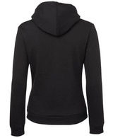 A black full zip hoodie featuring a hood and a fitted design, with a brand logo on the back.