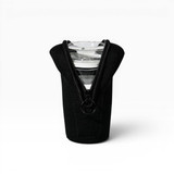 A black pouch with a zip, designed to hold a drink bottle securely. Features a logo on the front.